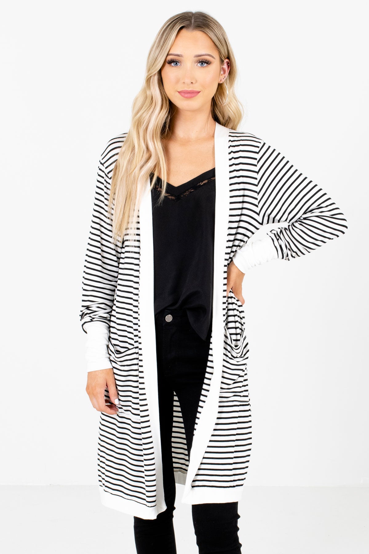 White and Black Striped Pattern Boutique Cardigans for Women