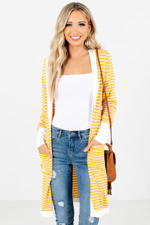 Yellow and White Striped Pattern Boutique Cardigans for Women