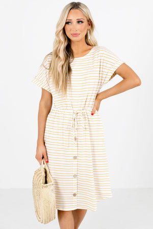 Yellow and White Striped Boutique Knee-Length Dresses for Women