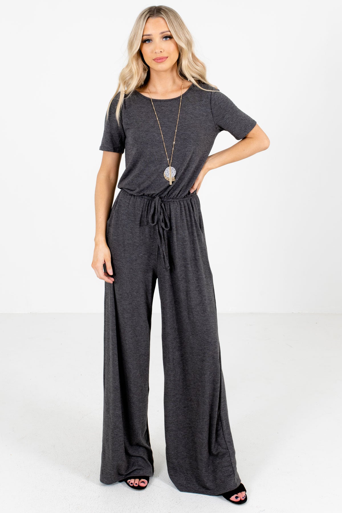 Charcoal Gray Drawstring Waistband Boutique Jumpsuits for Women