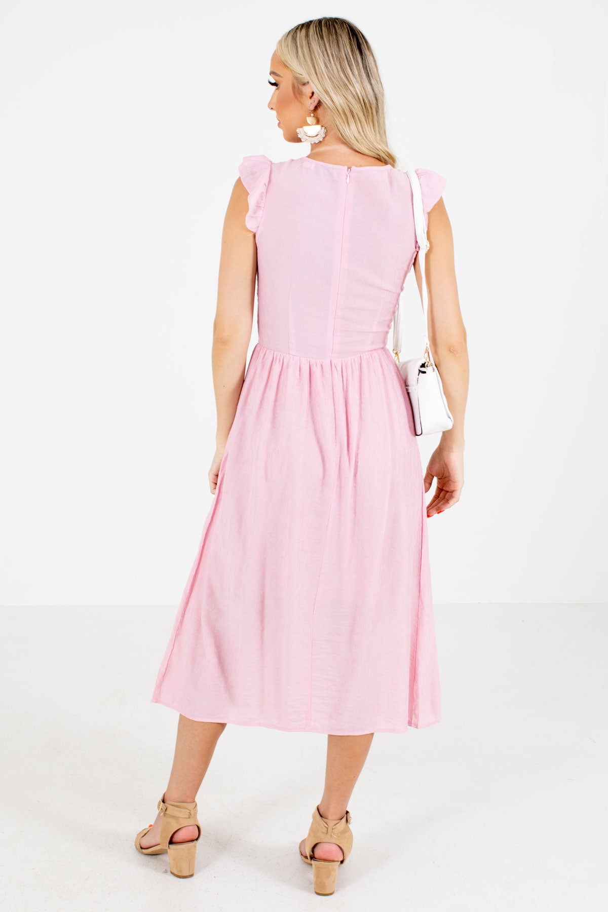 Women's Pink Decorative Button Boutique Midi Dress