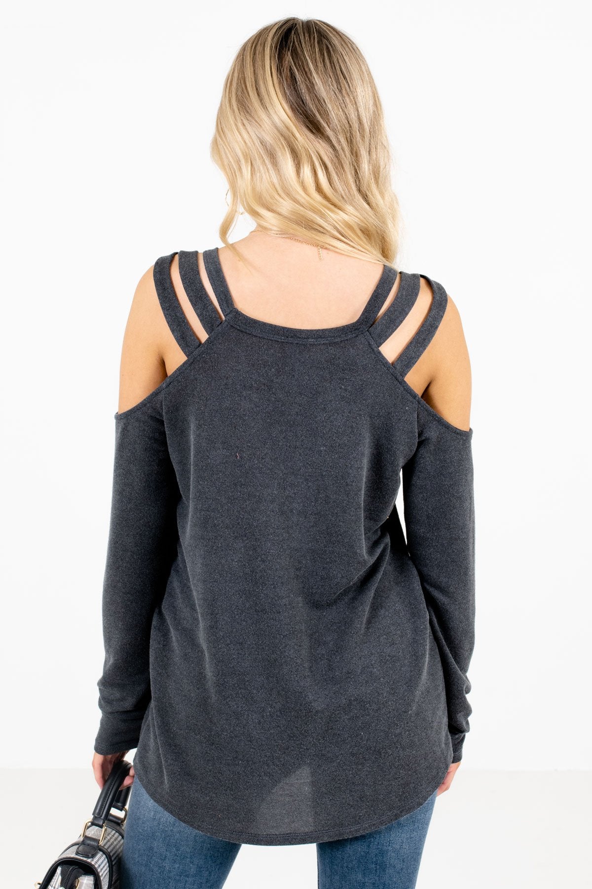 Women’s Charcoal Gray Unique Cutout Detailed Boutique Top