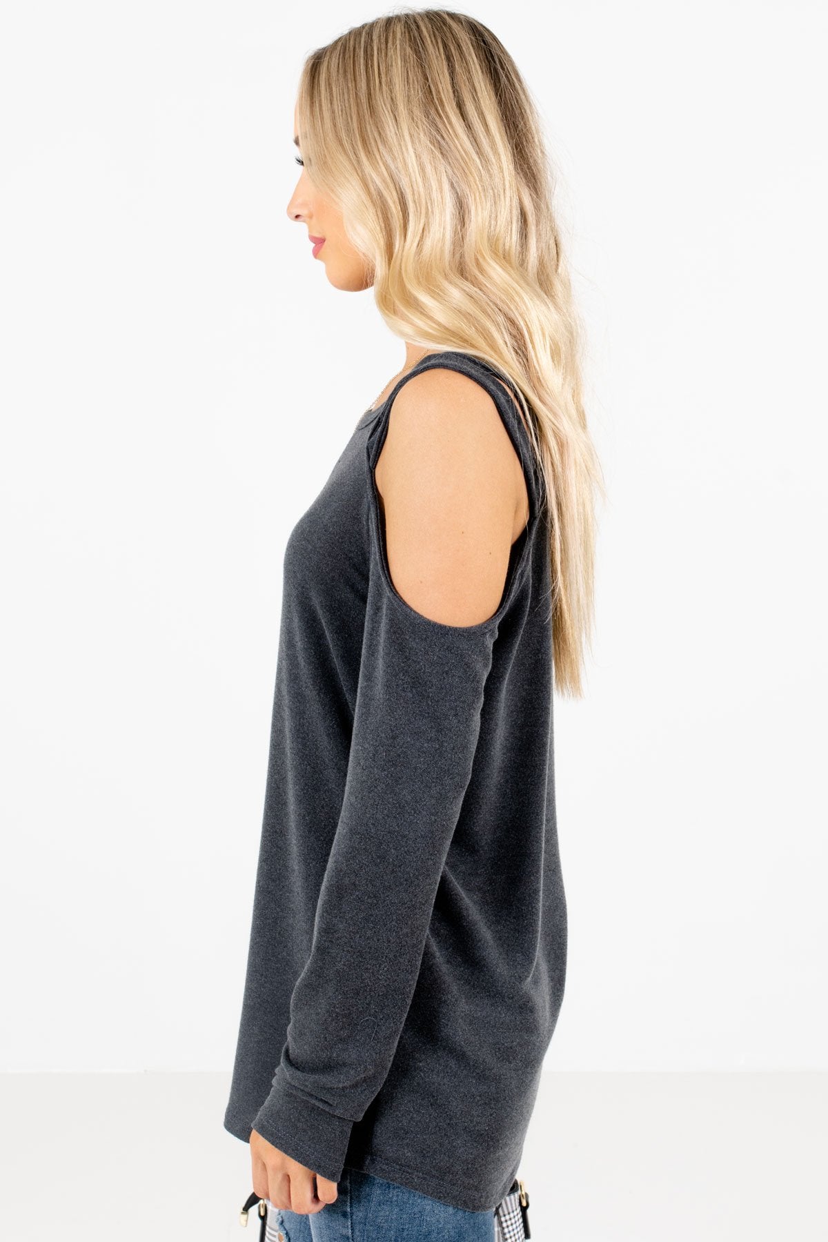 Charcoal Gray Long Sleeve Boutique Tops for Women
