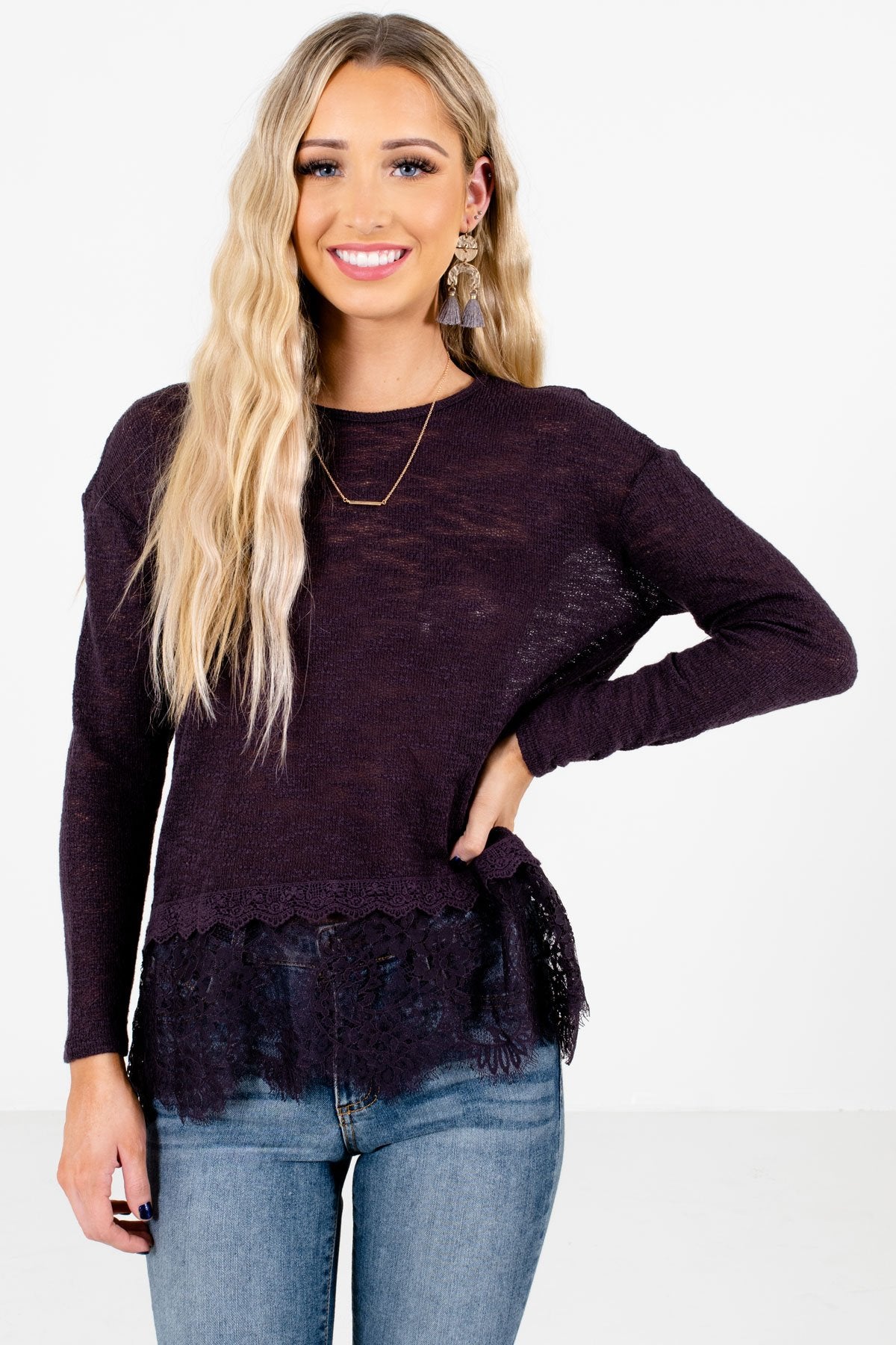 Purple Semi-Sheer Knit Material Boutique Tops for Women
