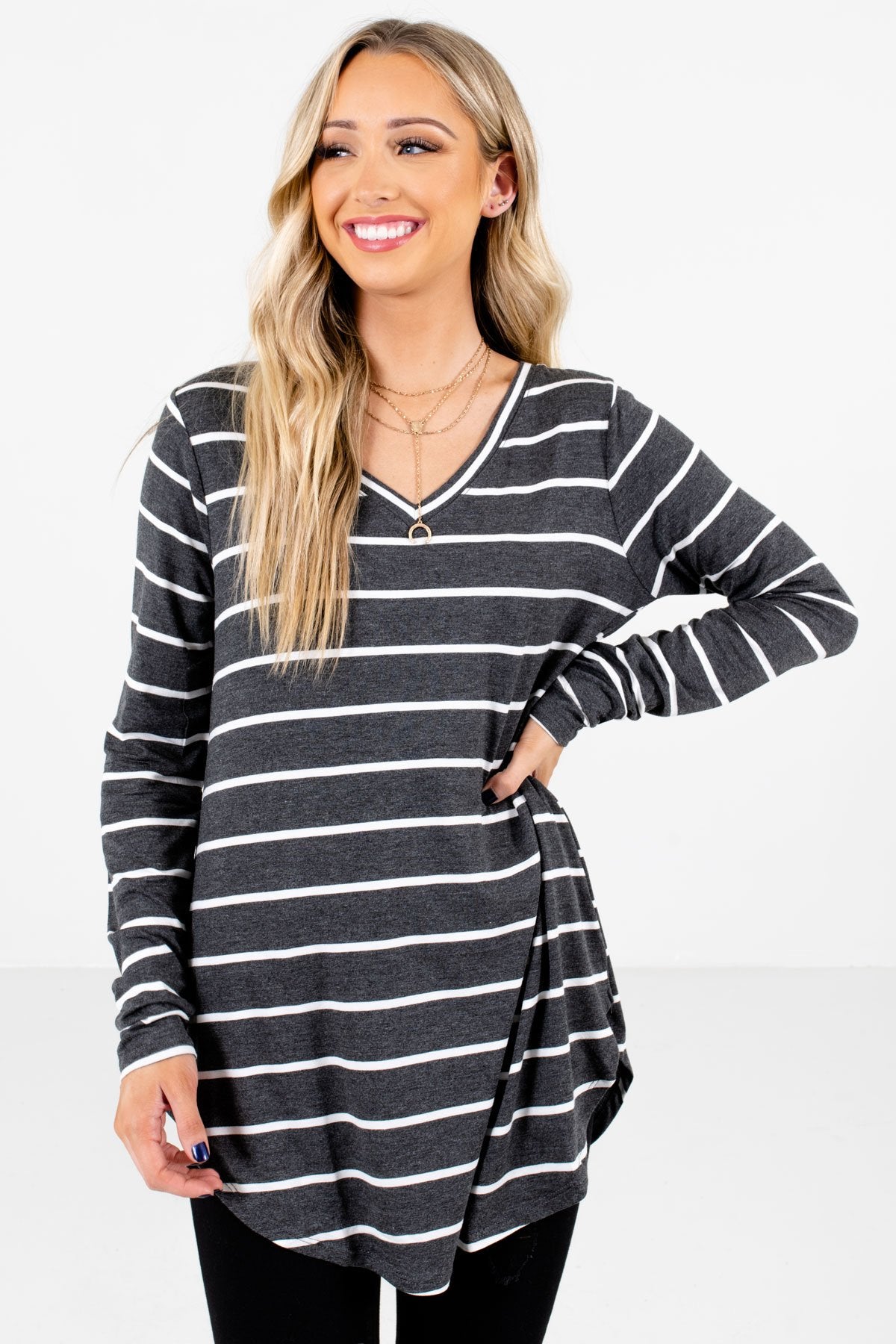 Charcoal Gray and White Striped Boutique Tops for Women