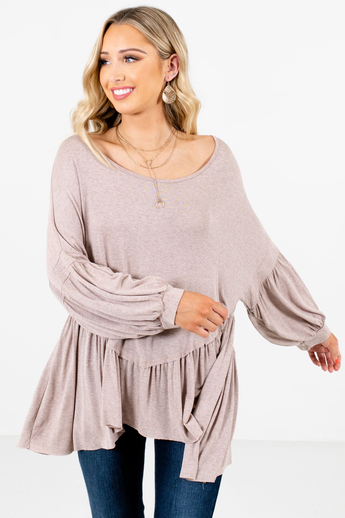 Women's Taupe Brown Flowy Silhouette Boutique Top
