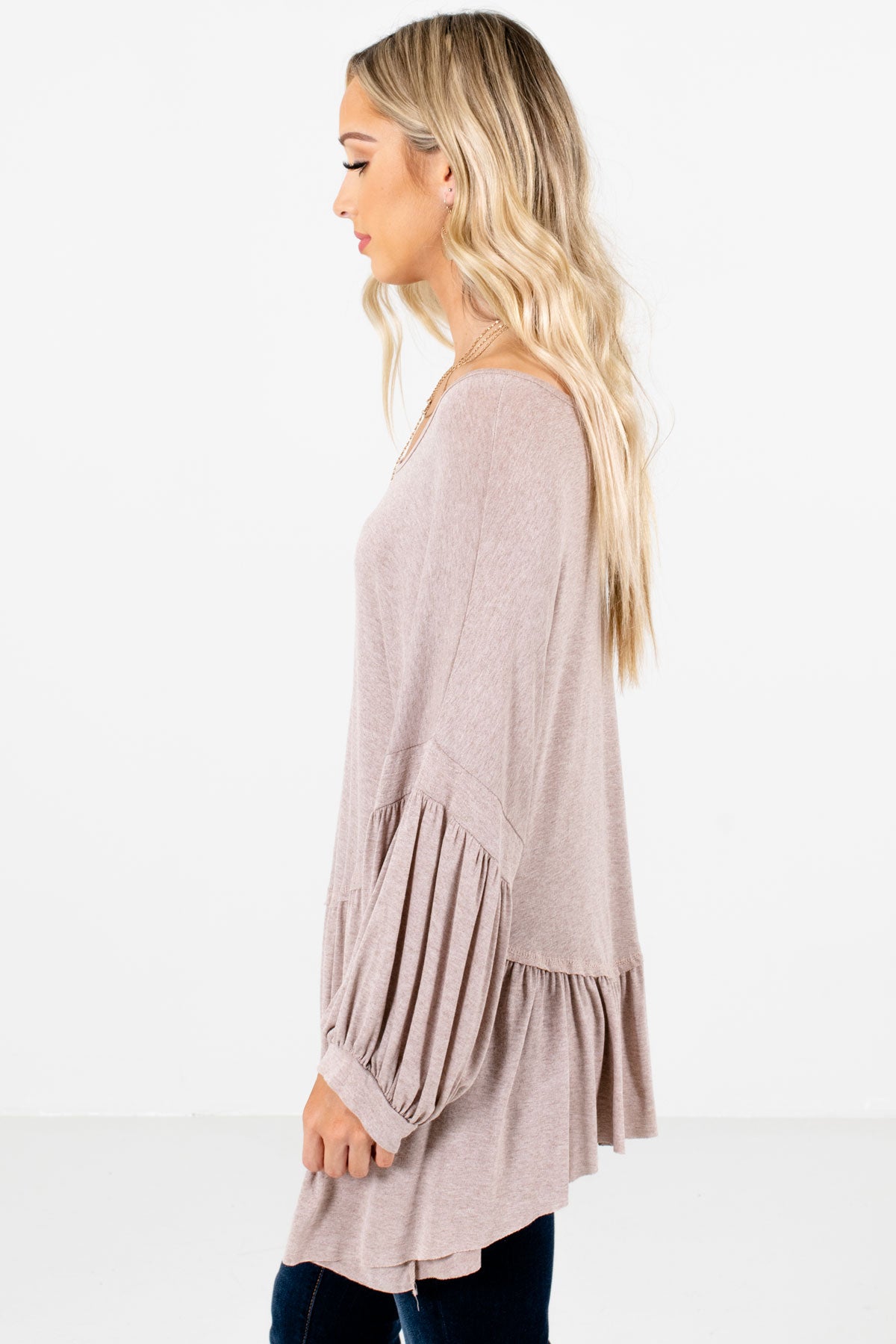 Taupe Brown Subtle Bubble Sleeve Boutique Tops for Women