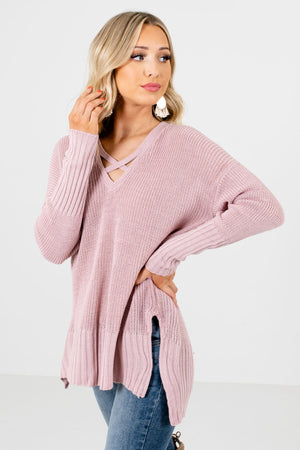 Pink Split High-Low Hem Boutique Sweaters for Women