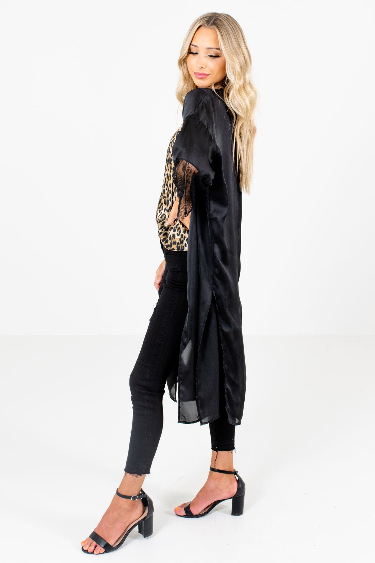 Black Silk-Like Material Boutique Kimonos for Women