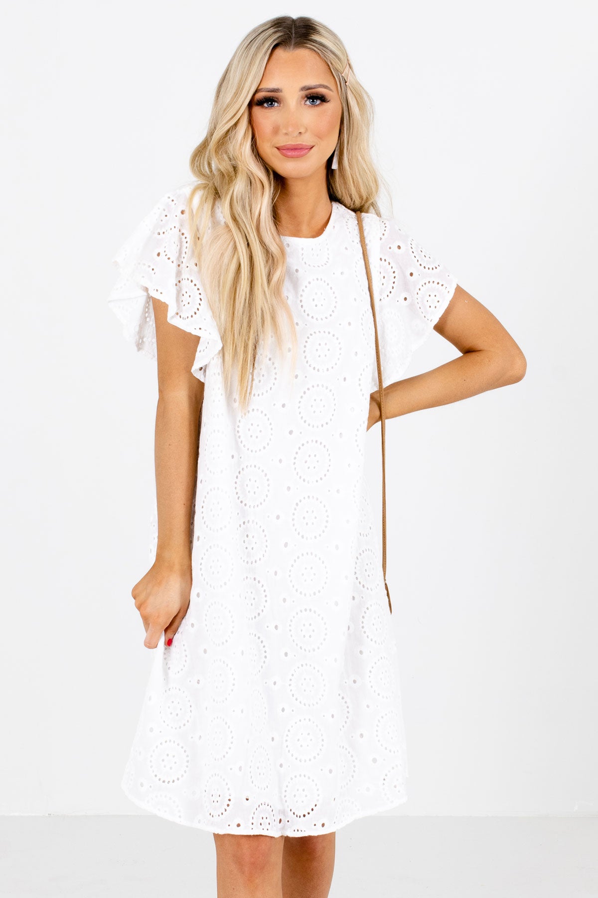 White Flutter Sleeve Boutique Knee-Length Dresses for Women