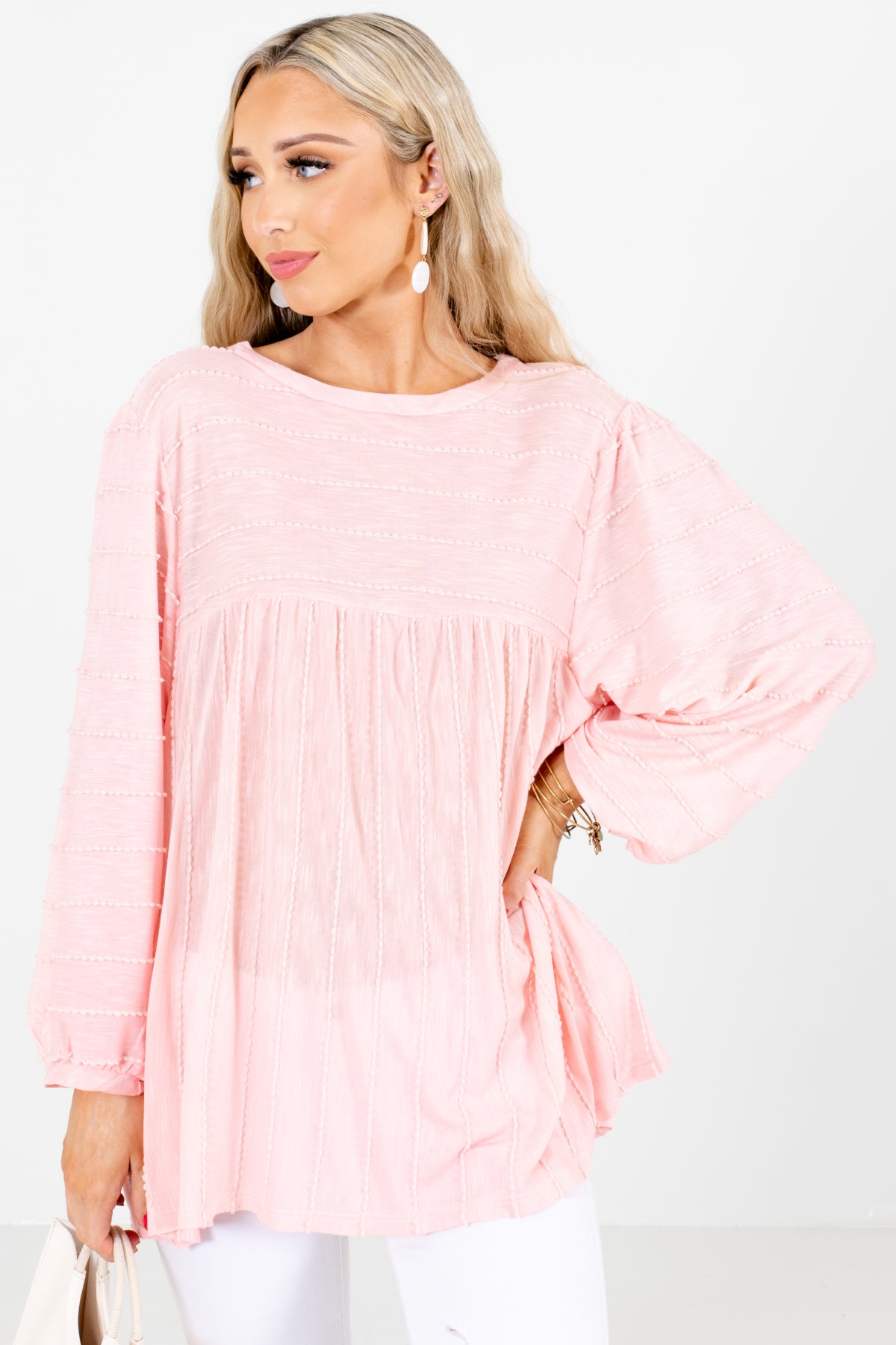 Pink and White Stitched Boutique Tops for Women