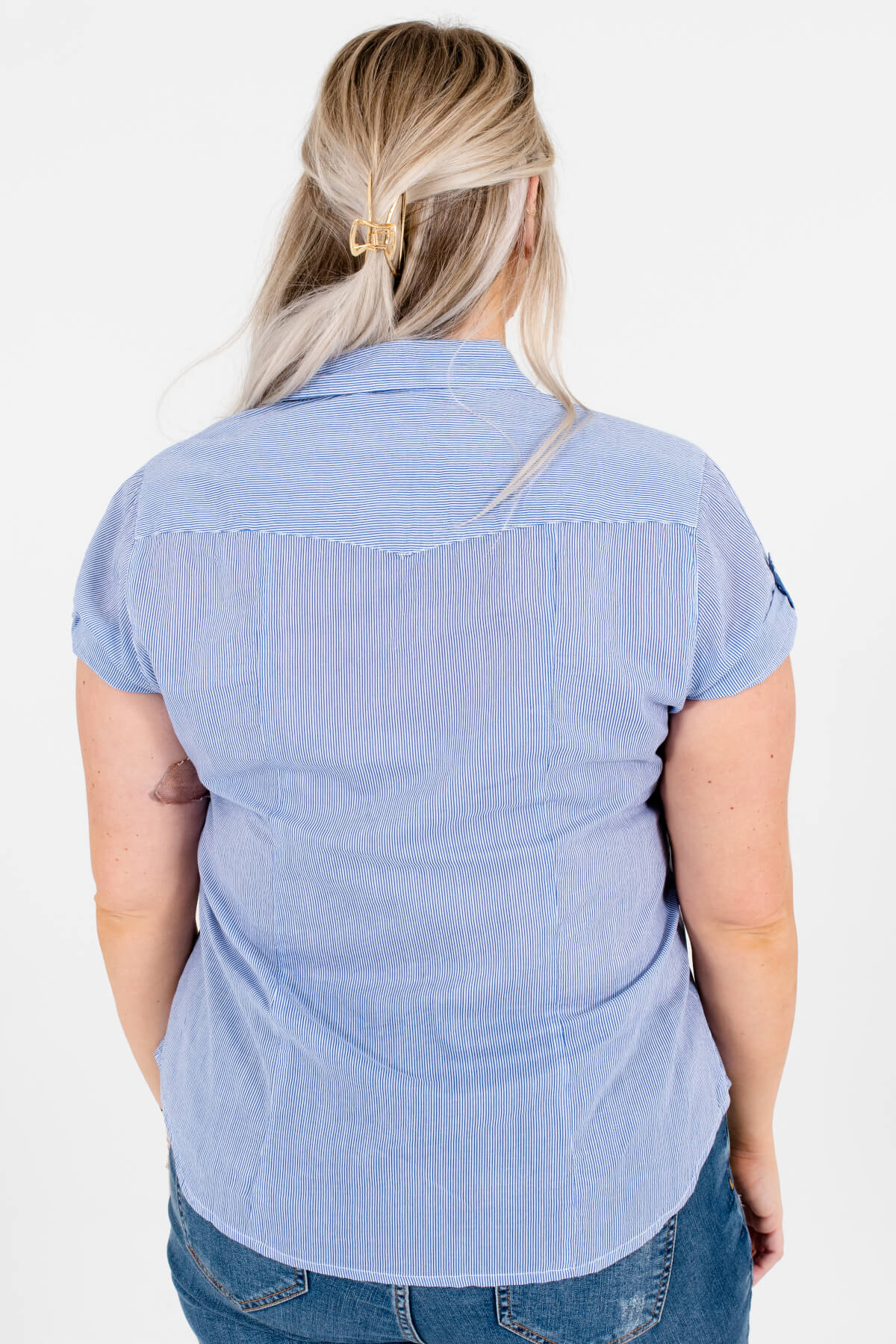Women's Blue Striped Button-Up Front Boutique Plus Size Shirt
