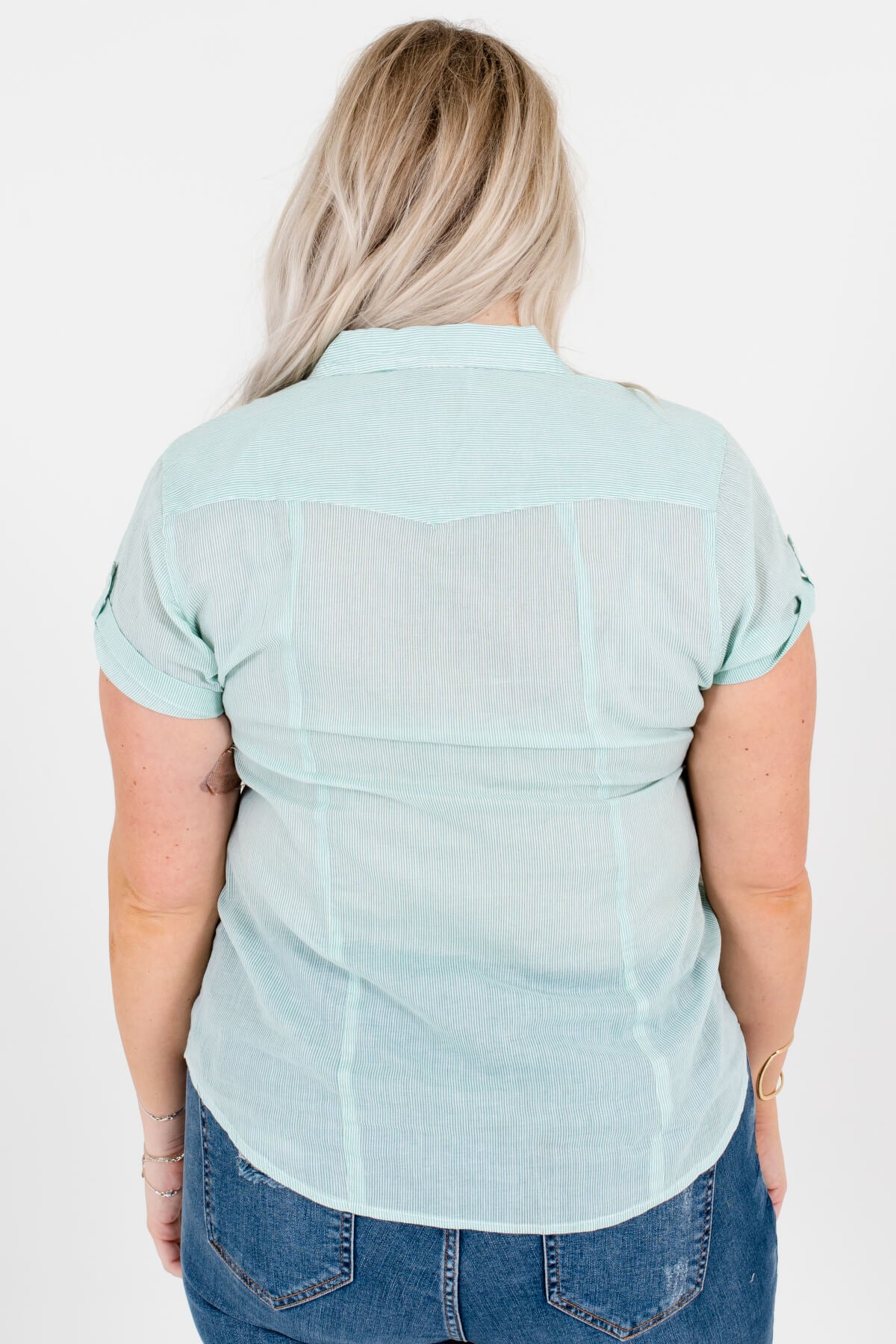 Women's Green Striped Button-Up Front Plus Size Boutique Shirt
