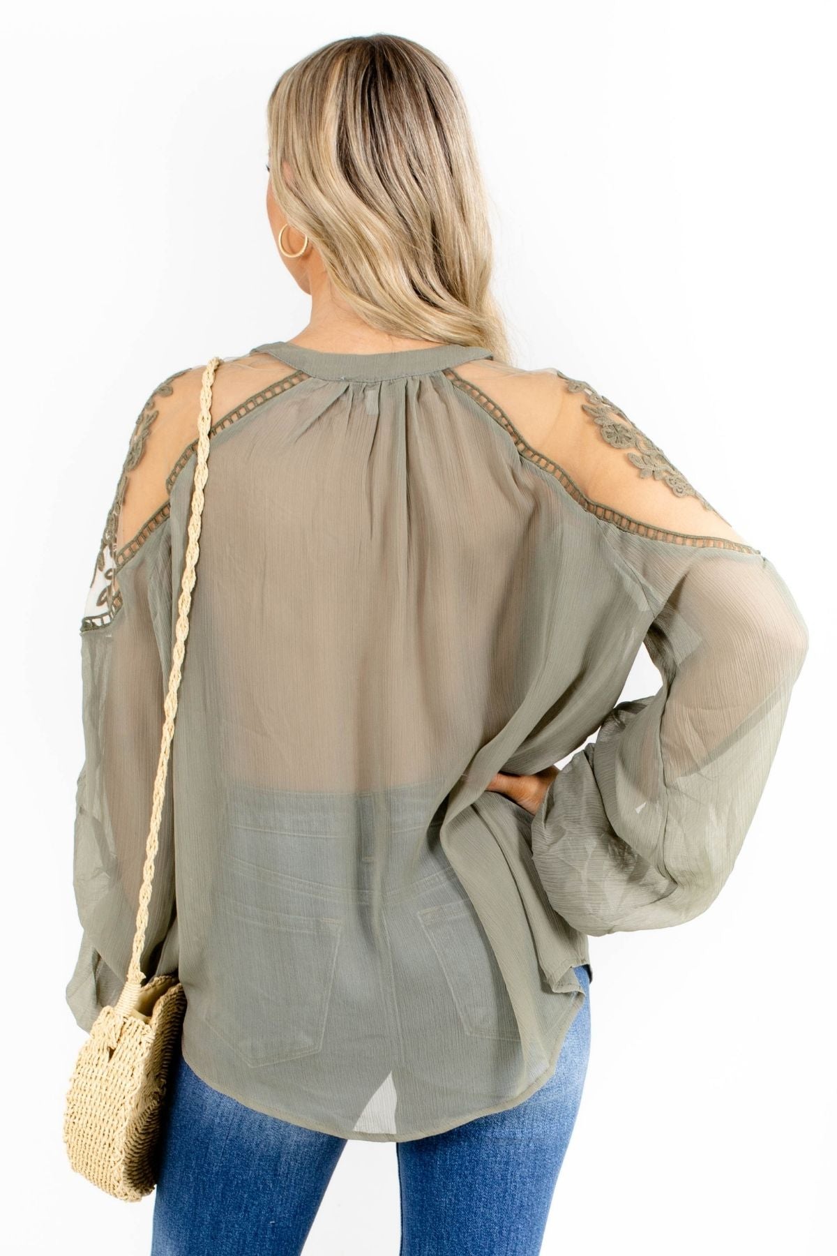 Olive Green Relaxed Fit Sheer Top from Bella Ella Boutique.
