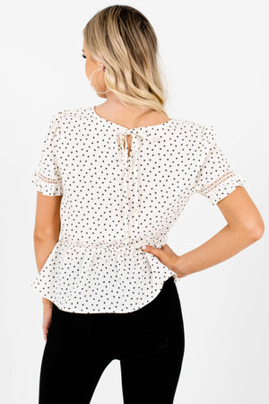 White Star Print Patterned Peplum Decorative Button Crochet Tops for Women