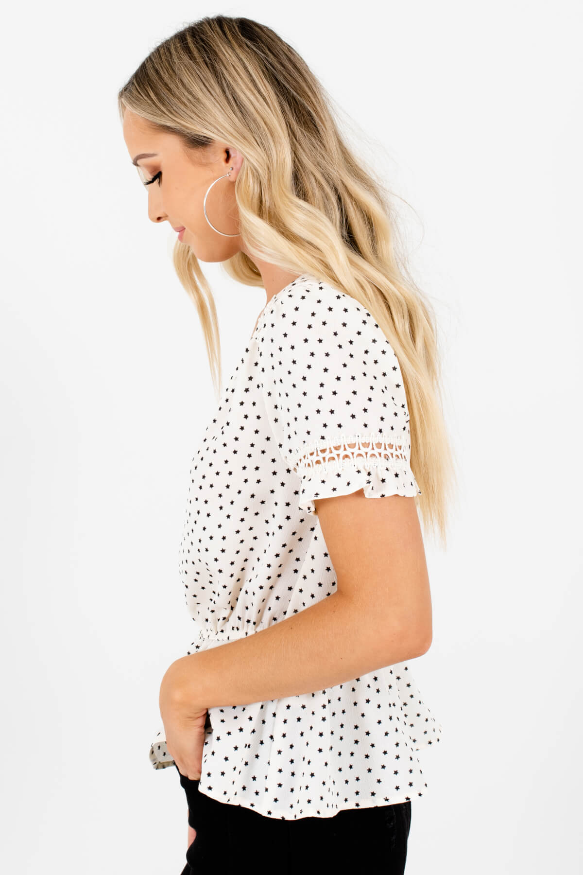 White Star Pattern Crochet Peplum Tops Affordable Online Boutique
