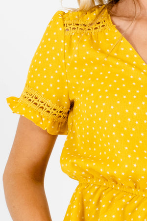 Yellow White Star Print Crochet Peplum Tops for Women