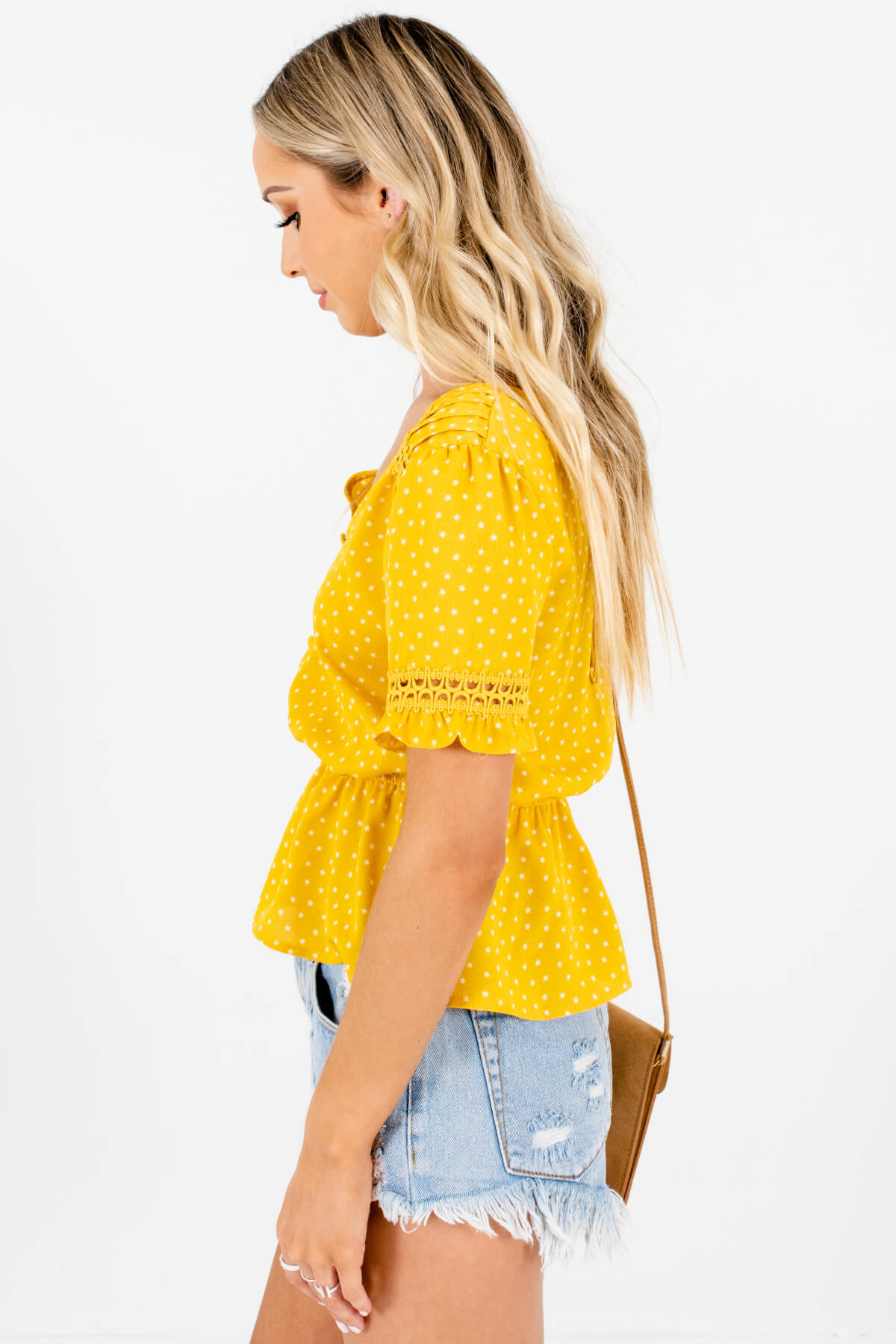 Yellow Star Print Decorative Button Crochet Peplum Tops for Women