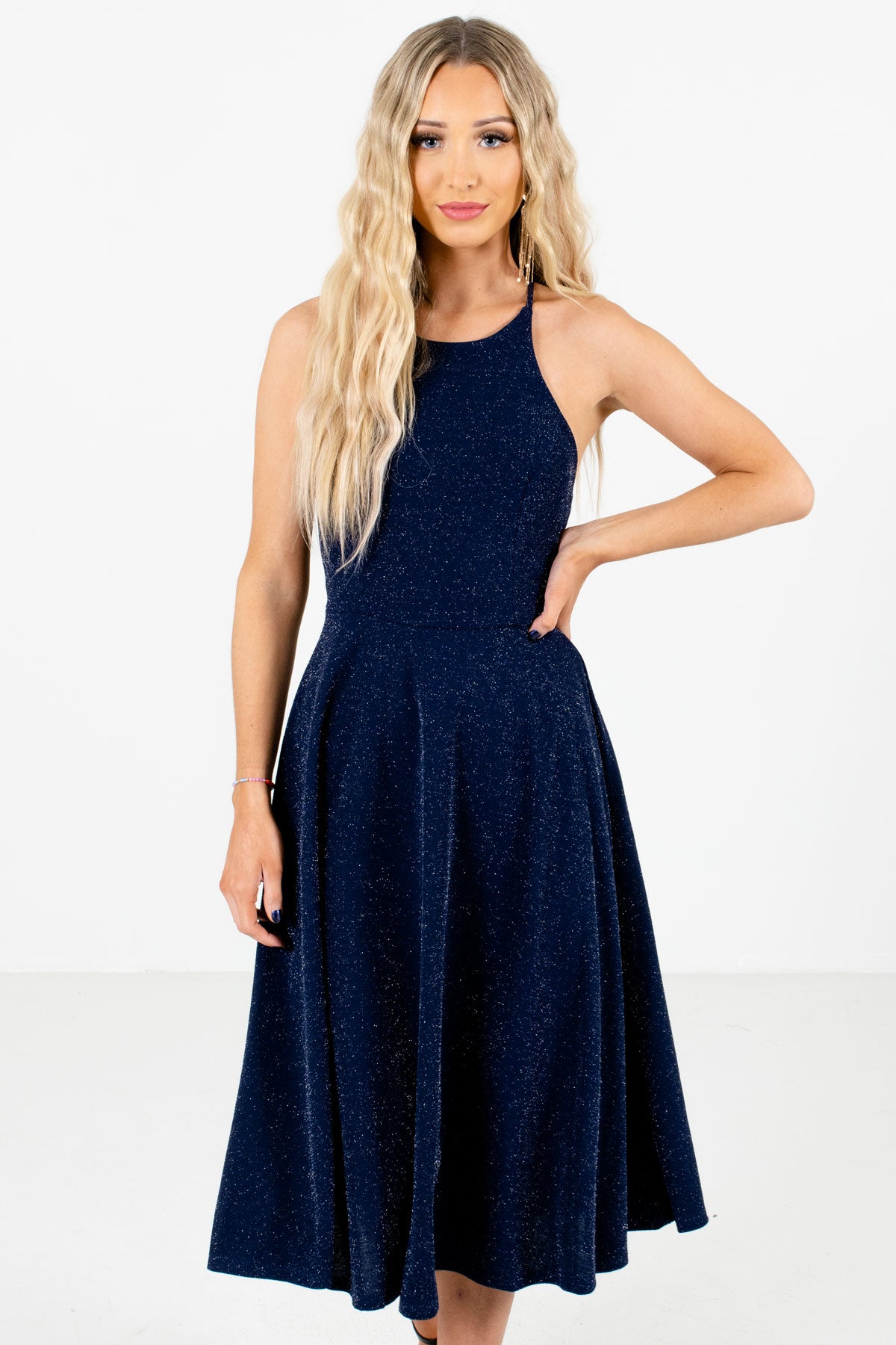 Navy Blue with Silver Glitter Accents Boutique Midi Dresses for Women