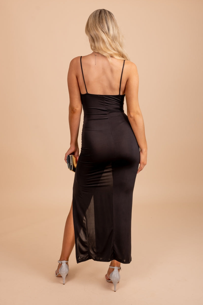 Black Maxi Dress with Front Slit and Ruching Details