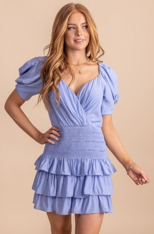 Women's ruffle puff sleeve dress in blue
