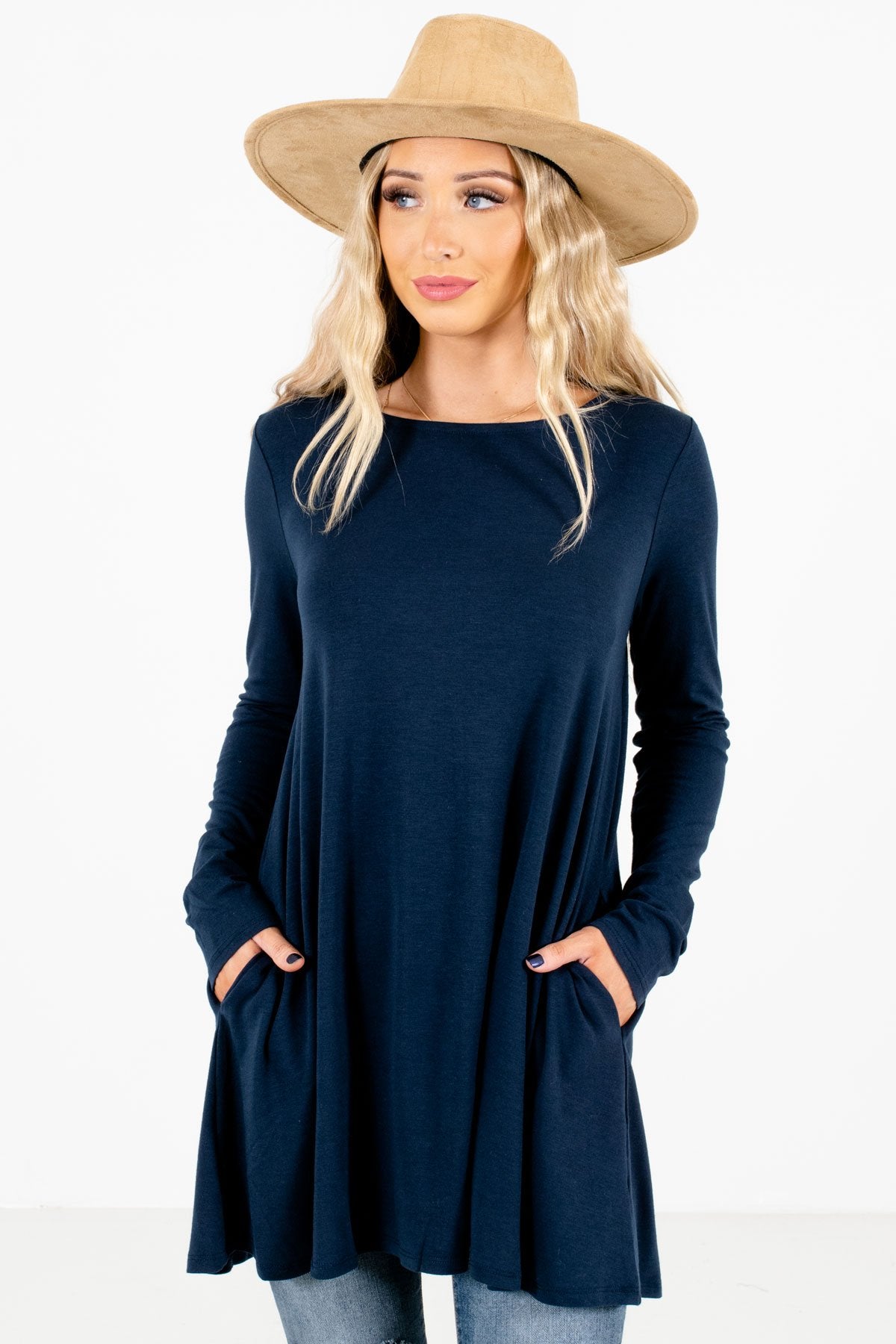 Navy Blue Boutique Long Sleeve Tops for Women