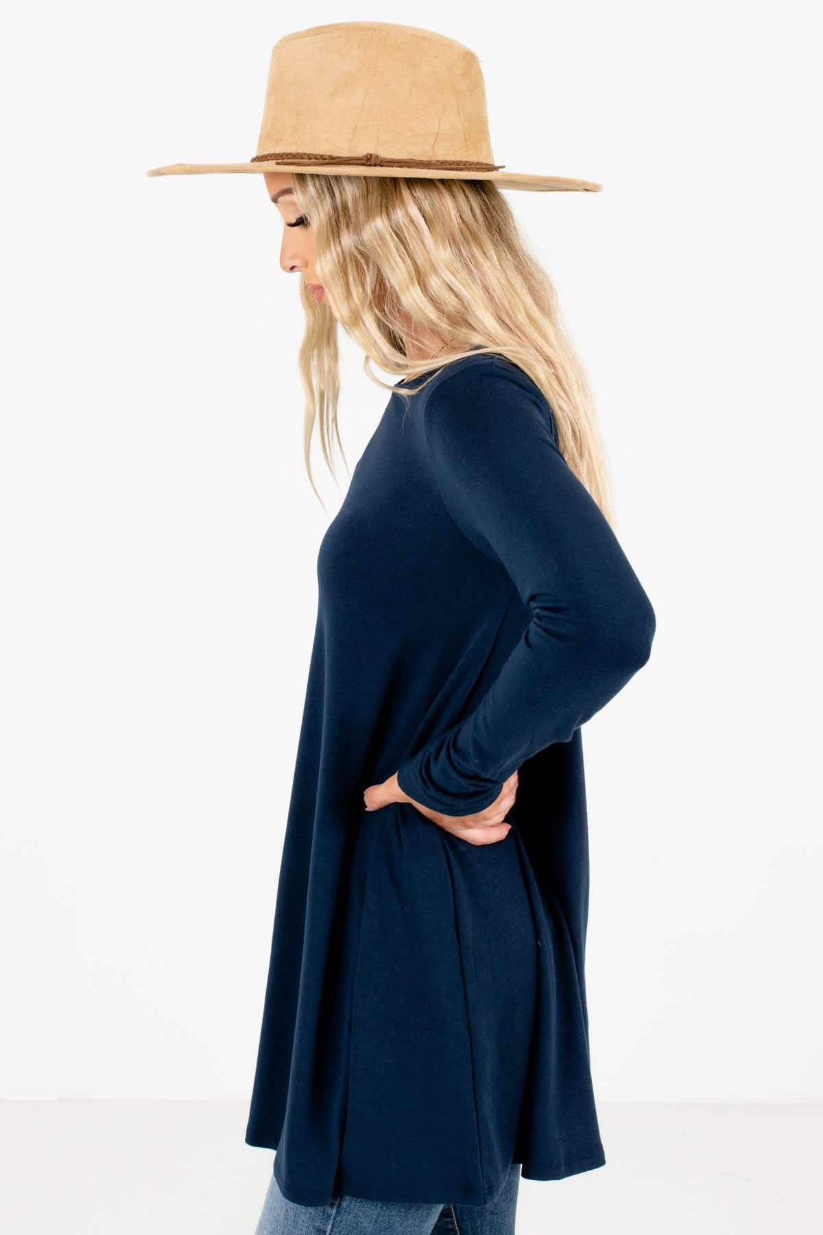 Navy Blue Long Length Boutique Tops for Women