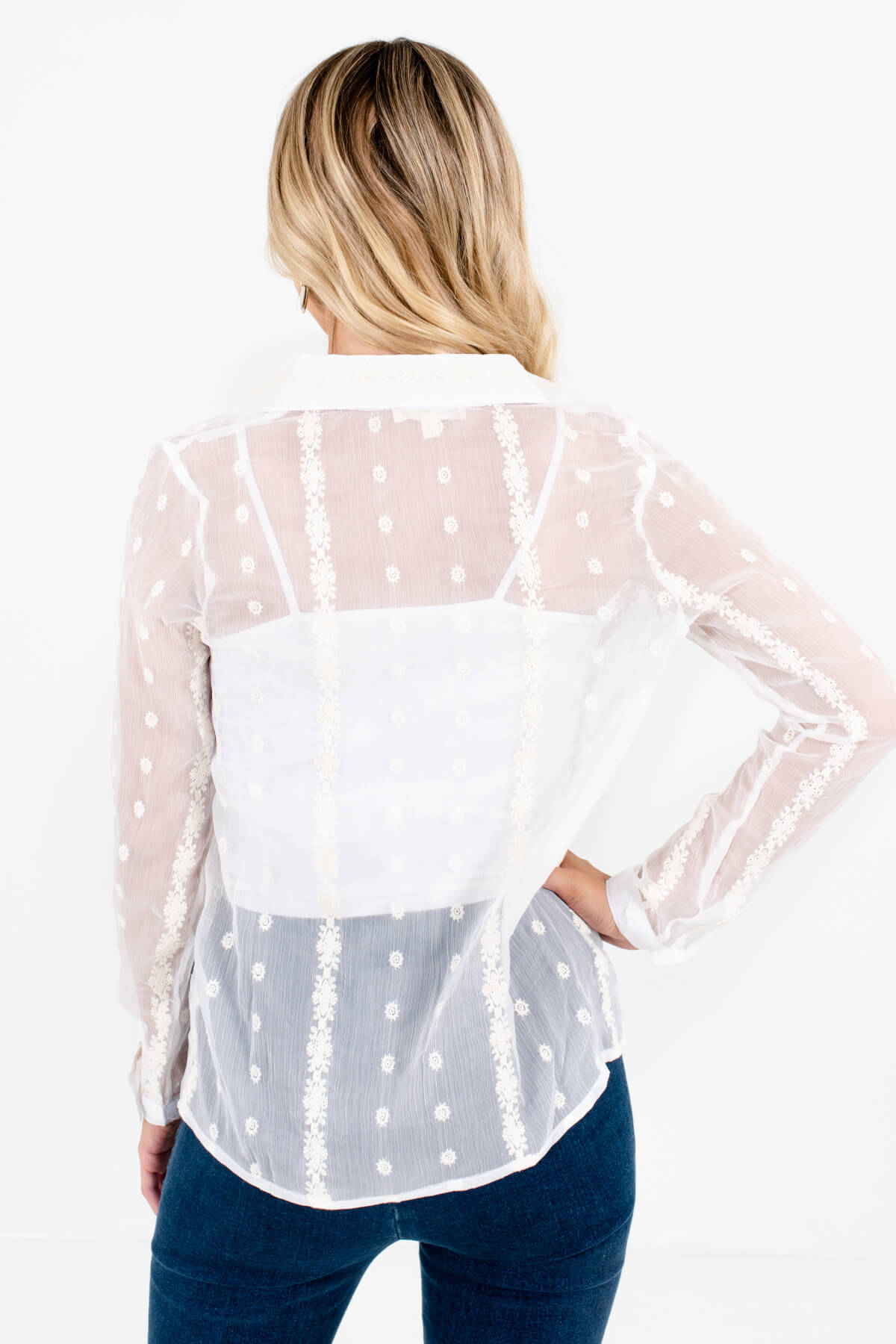 Sheer White Embroidered See-Through Button-Up Shirts