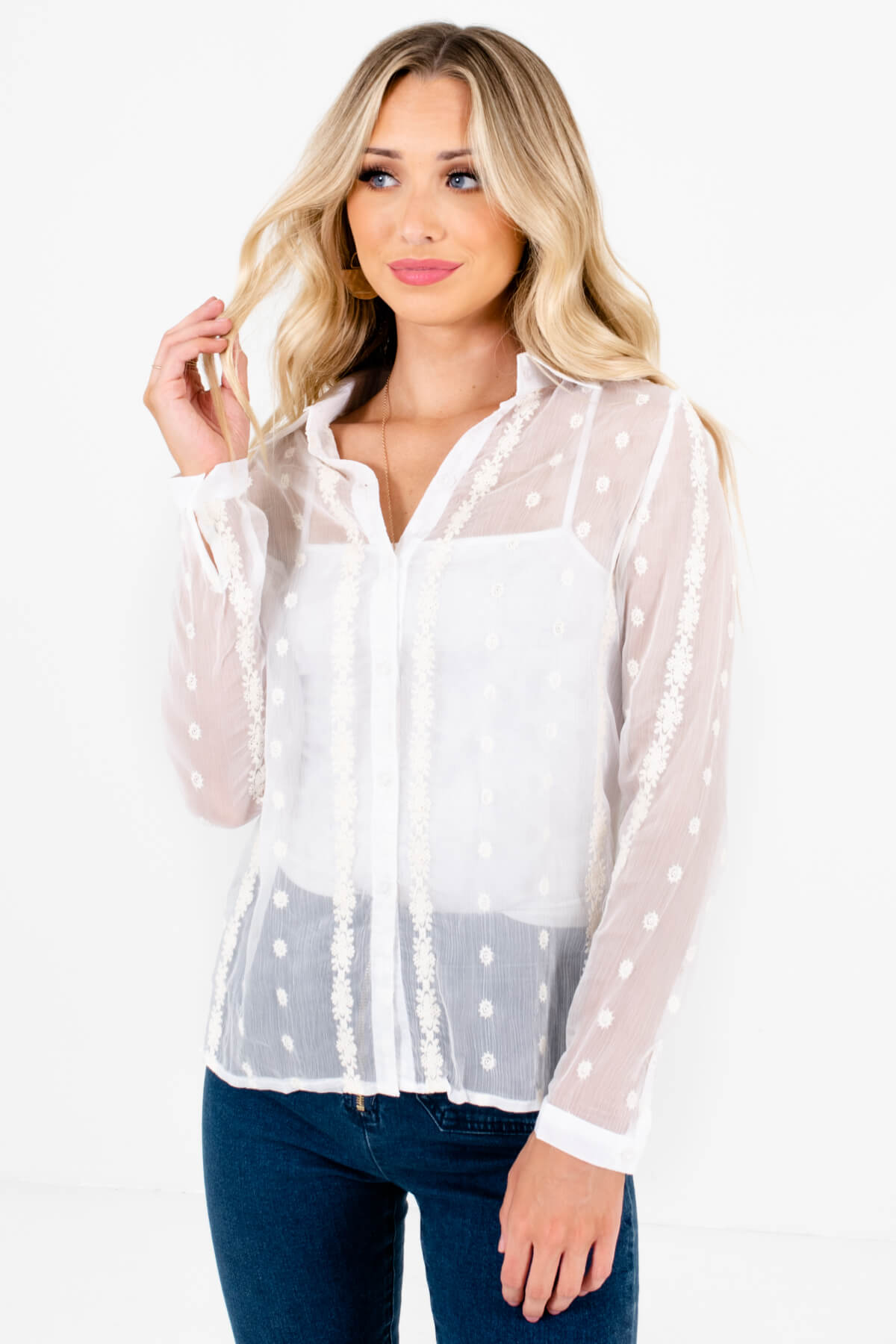 White Embroidered Semi-Sheer Button-Up Shirts for Women