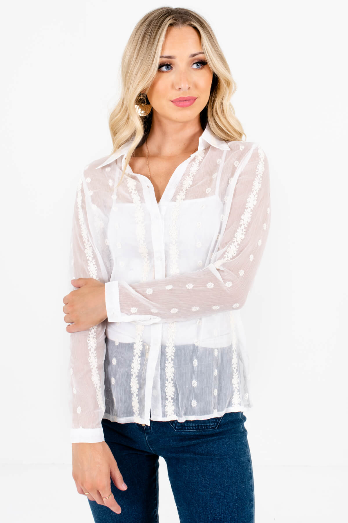 White Sheer Embroidered Button-Up Shirts Affordable Online Boutique