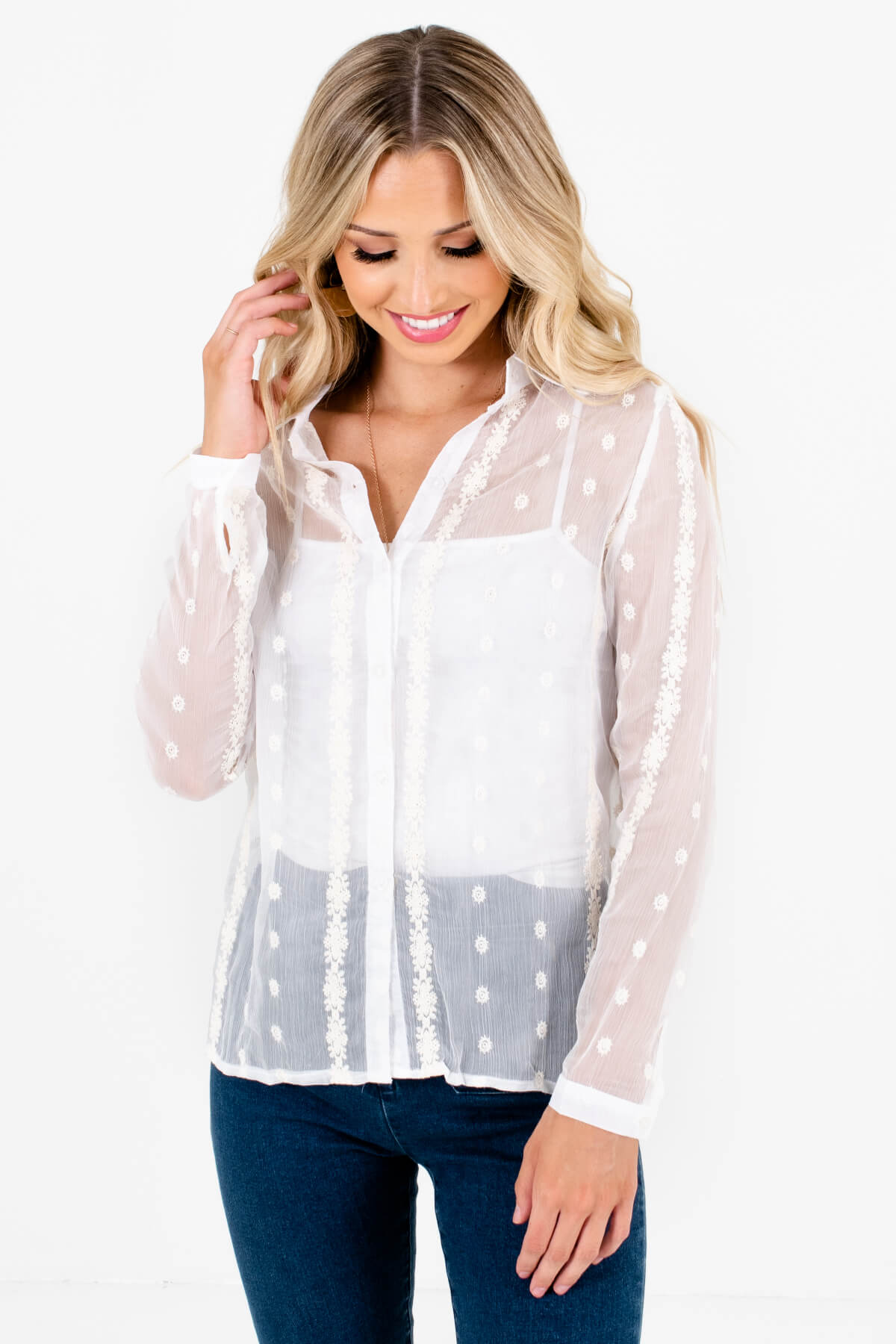 White See Through Sheer Embroidered Button-Up Shirts