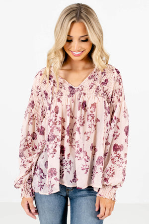 Beige Pink and Purple Floral Patterned Boutique Blouses for Women