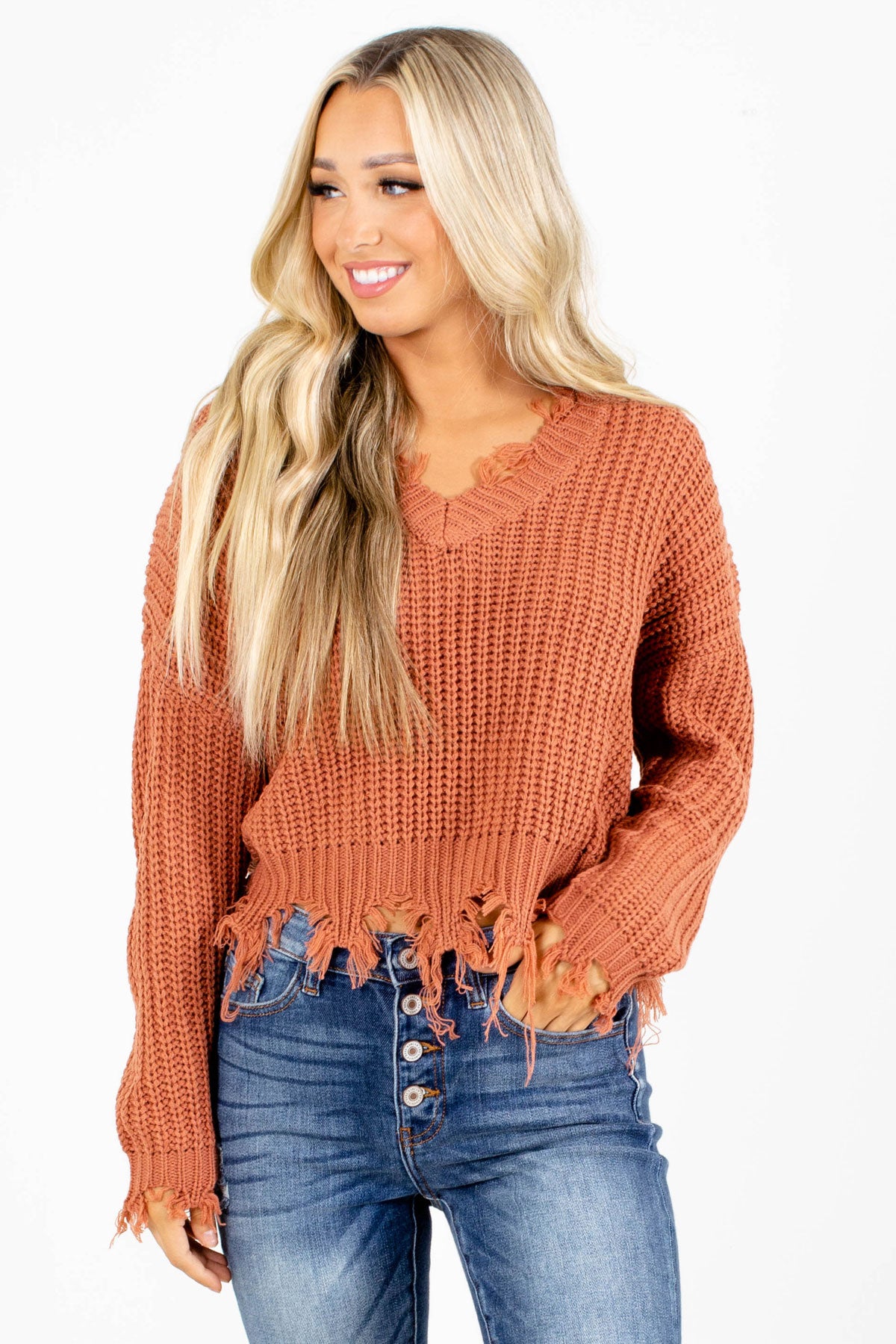 Salmon Distressed Detailed Boutique Sweaters for Women
