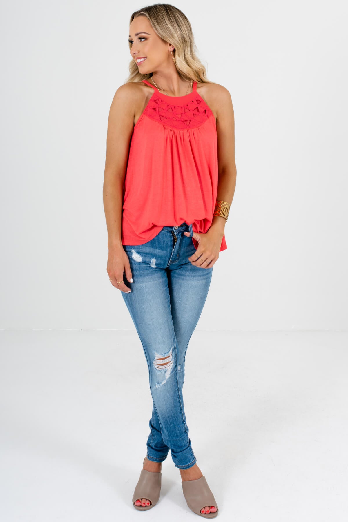 Bright Coral Cutout Halter Tank Tops for Women