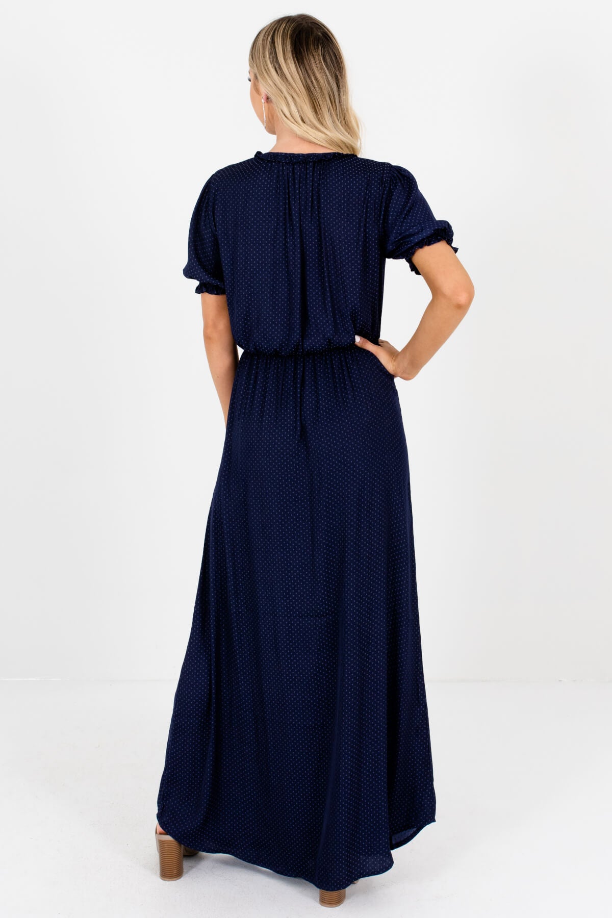 Women's Blue Elastic Waistband Boutique Maxi Dresses