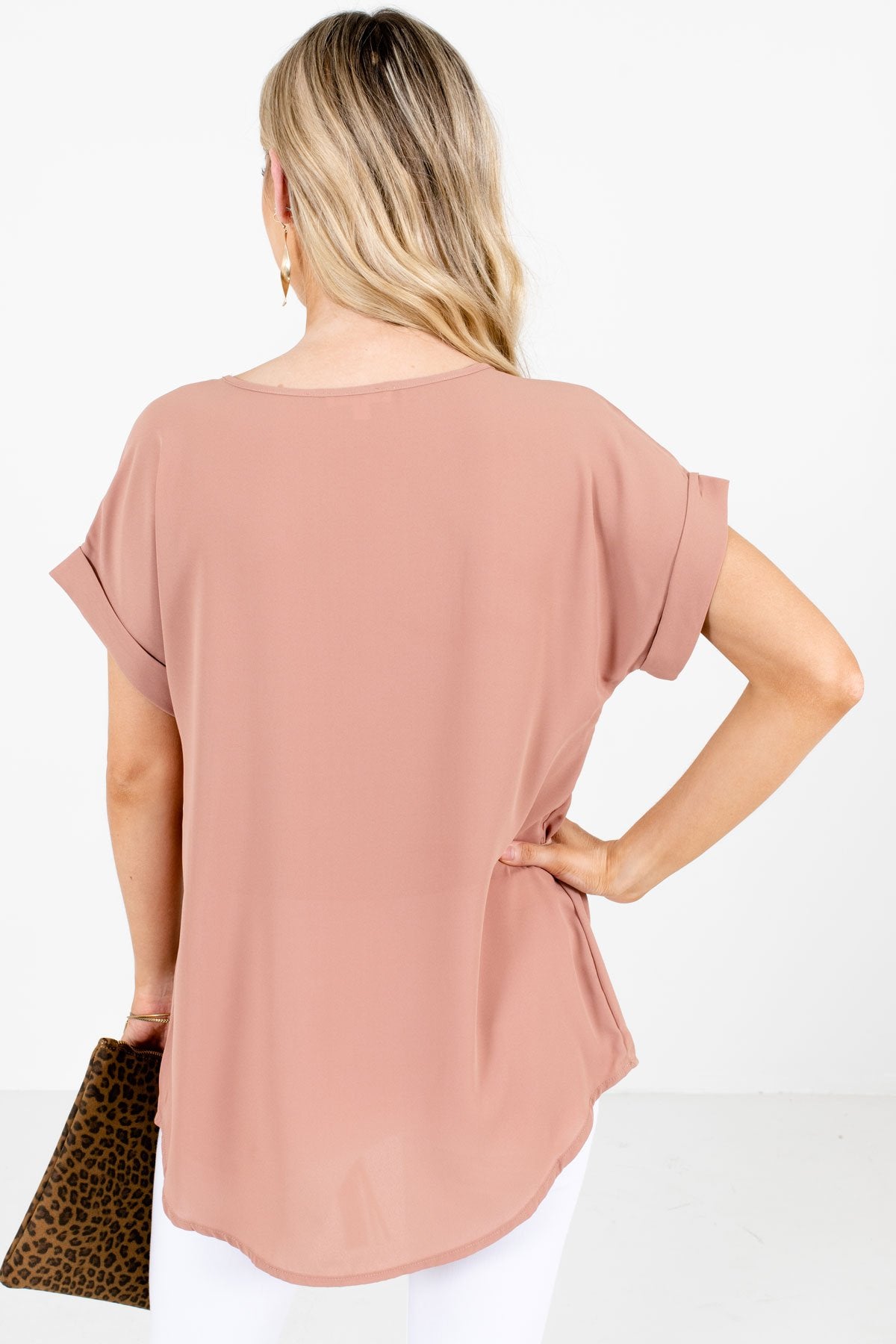 Women’s Tan Brown Cuffed Sleeve Boutique Blouse