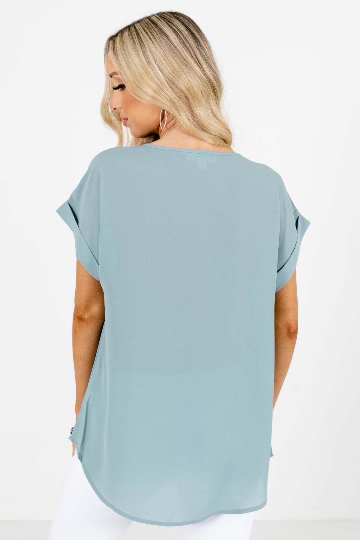 Women's Green Cuffed Sleeve Boutique Blouses for Women