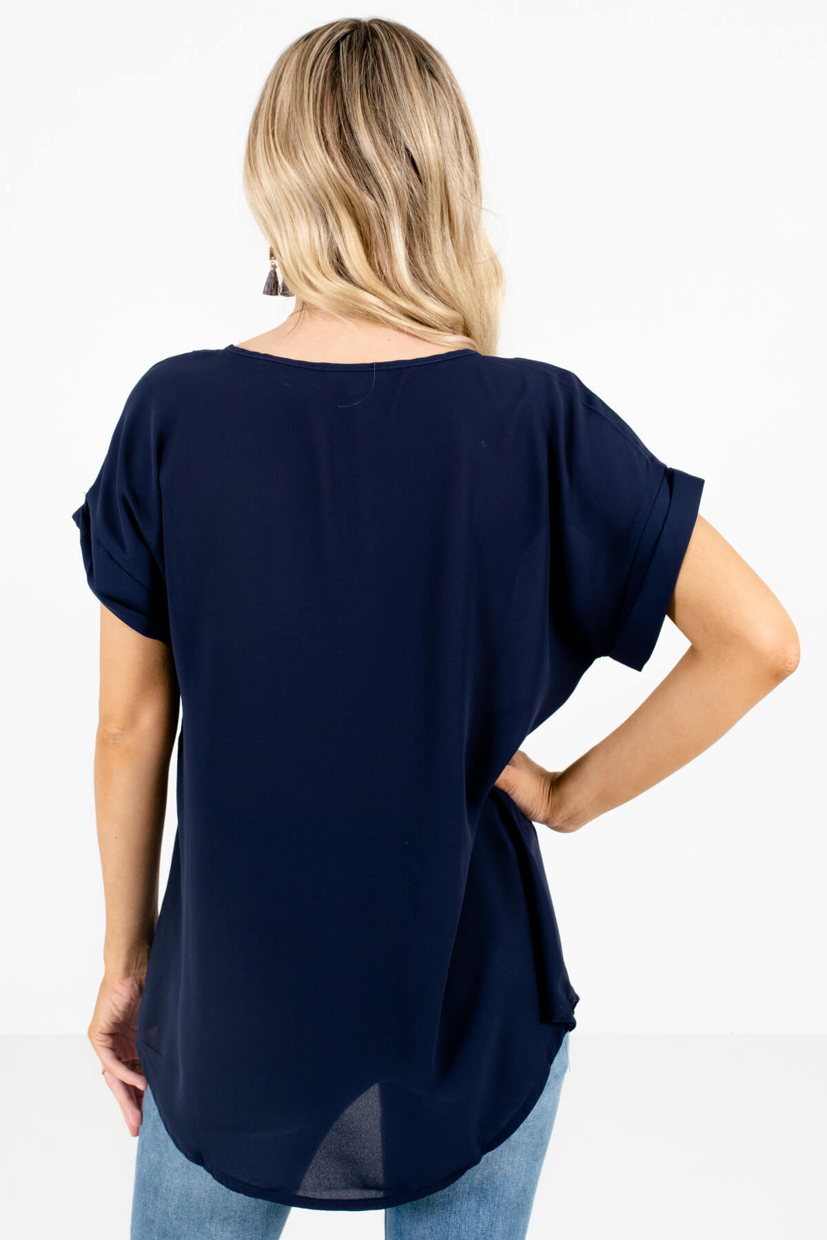 Women’s Navy Blue Cuffed Sleeve Boutique Blouse