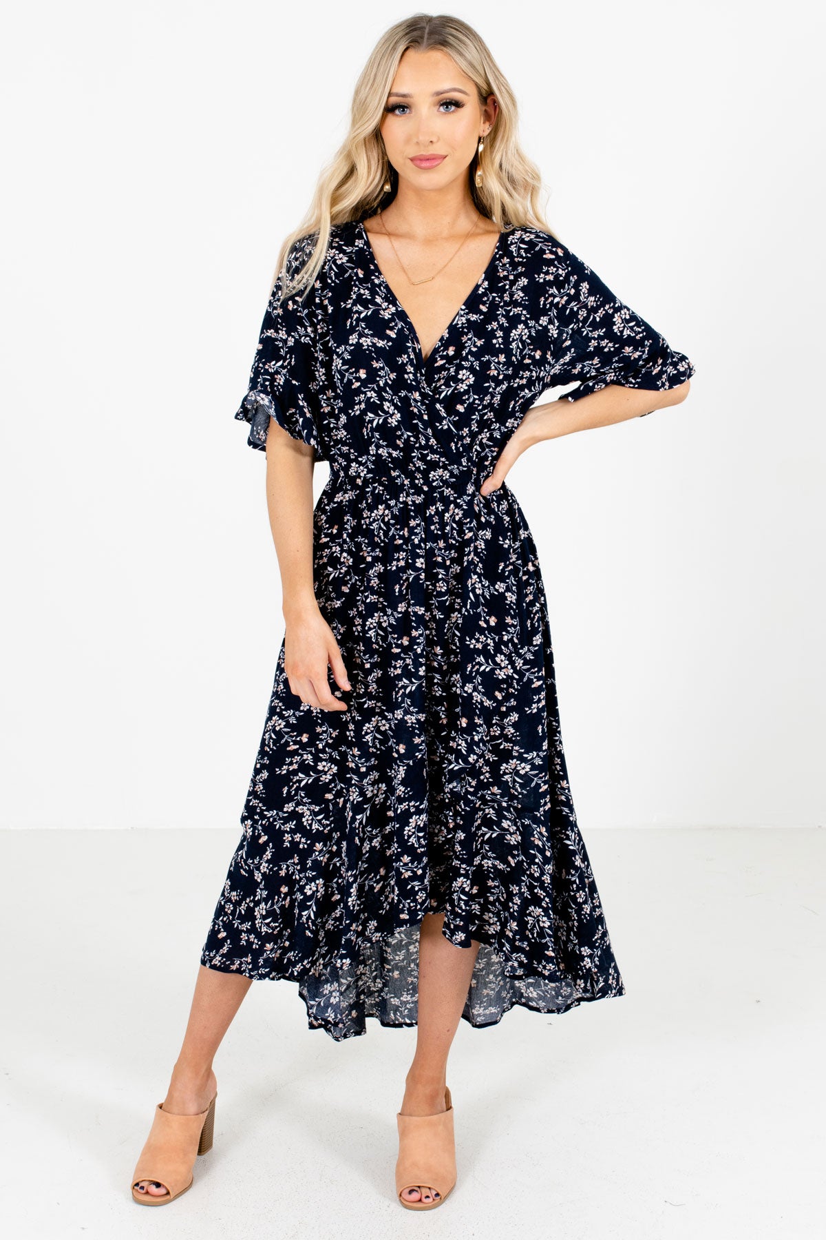 Navy Blue Multicolored Floral Pattern Boutique Midi Dresses for Women