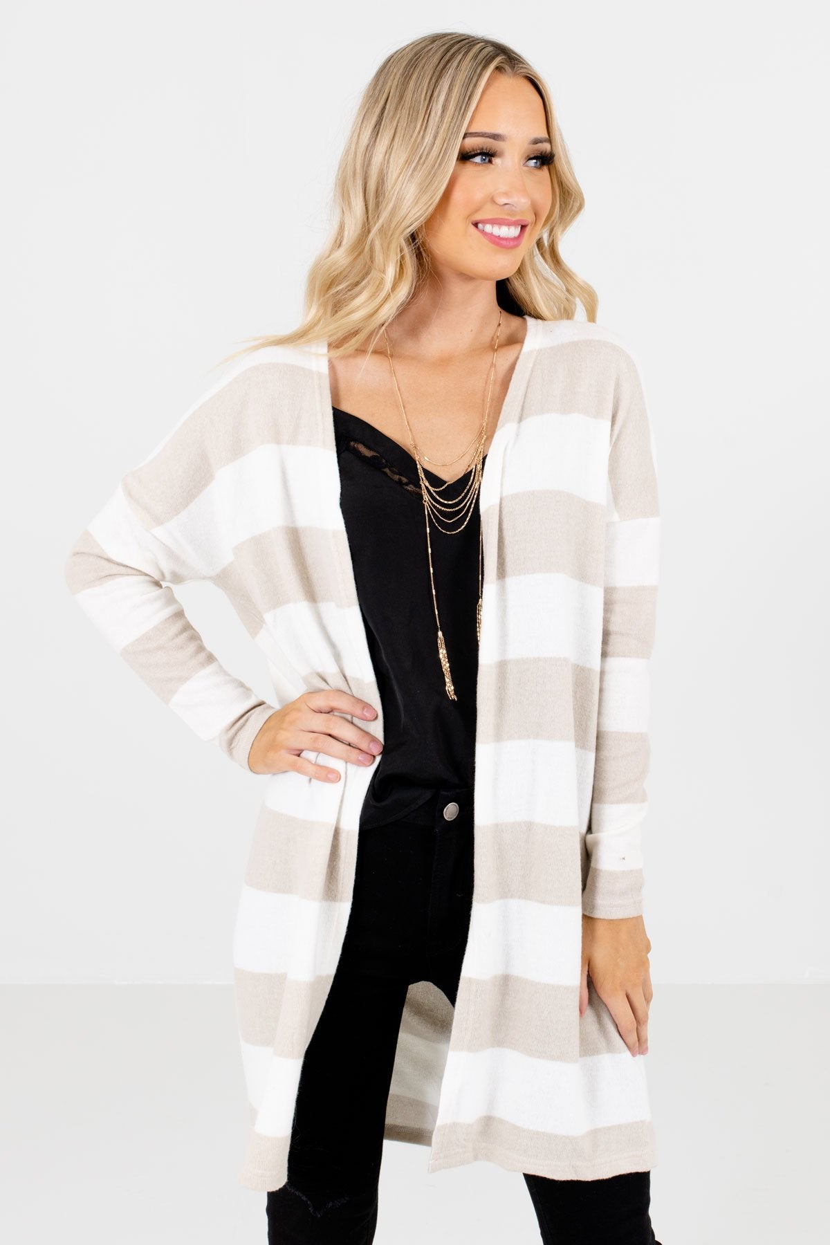 Cream Striped Pattern Boutique Cardigans for Women