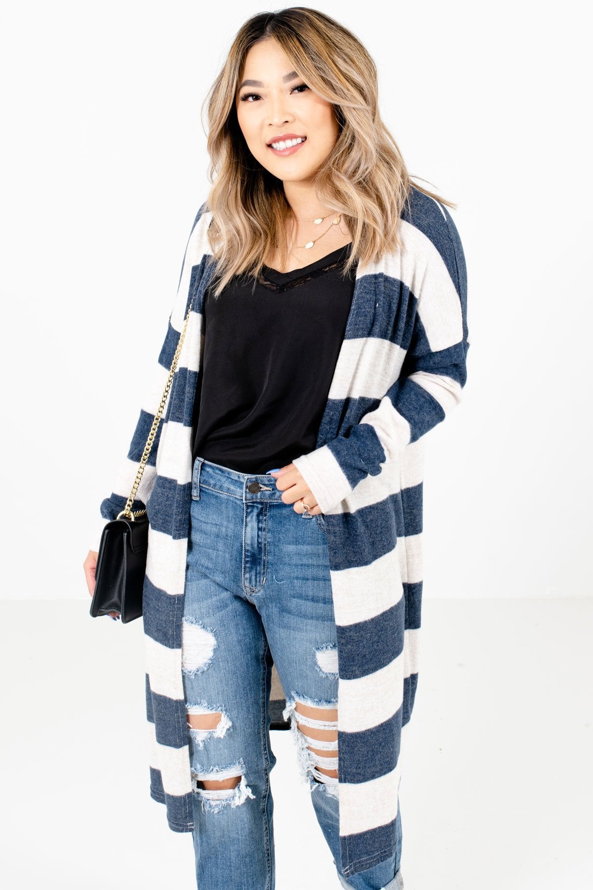 Navy Blue Striped Pattern Boutique Cardigans for Women