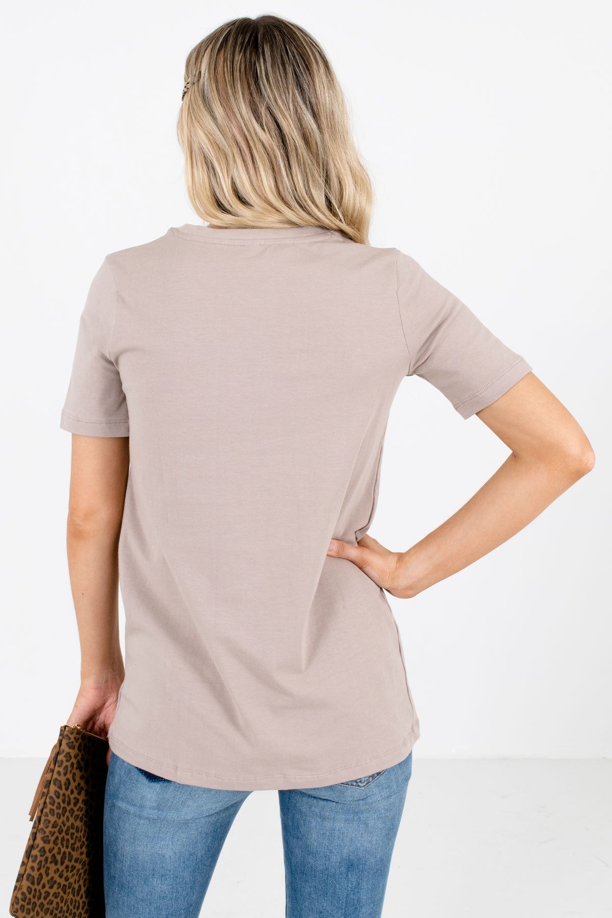 Women's Taupe Brown Short Sleeve Boutique Tops
