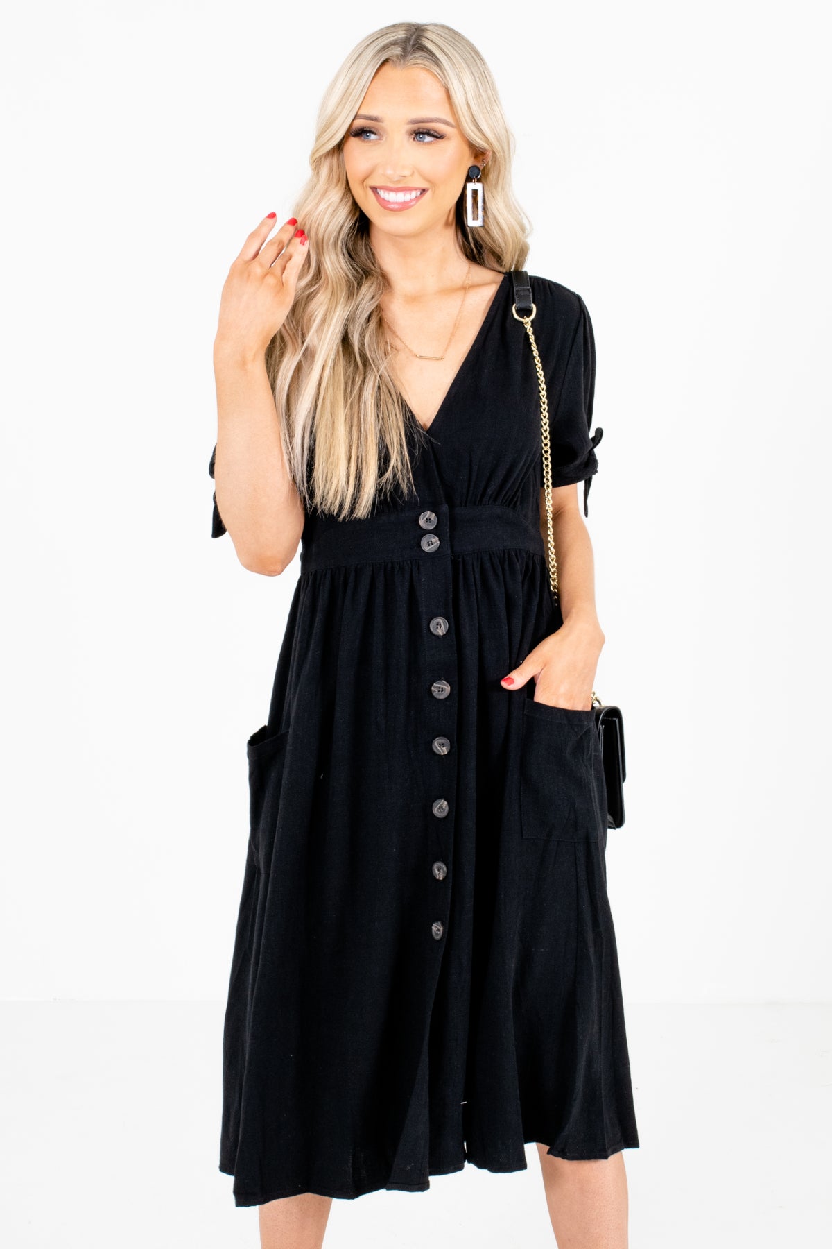 Black Button-Up Front Boutique Midi Dresses for Women