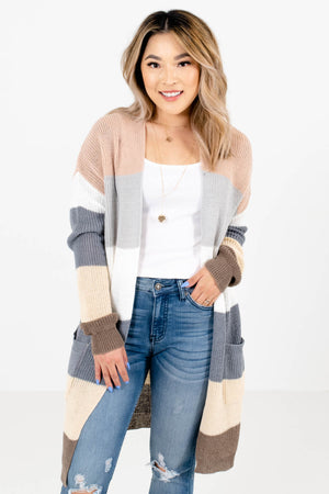 Blue Multicolored Striped Pattern Boutique Cardigans for Women