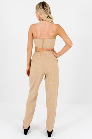 Brown Yellow Plaid Two-Piece Set with Crop Top and Pants
