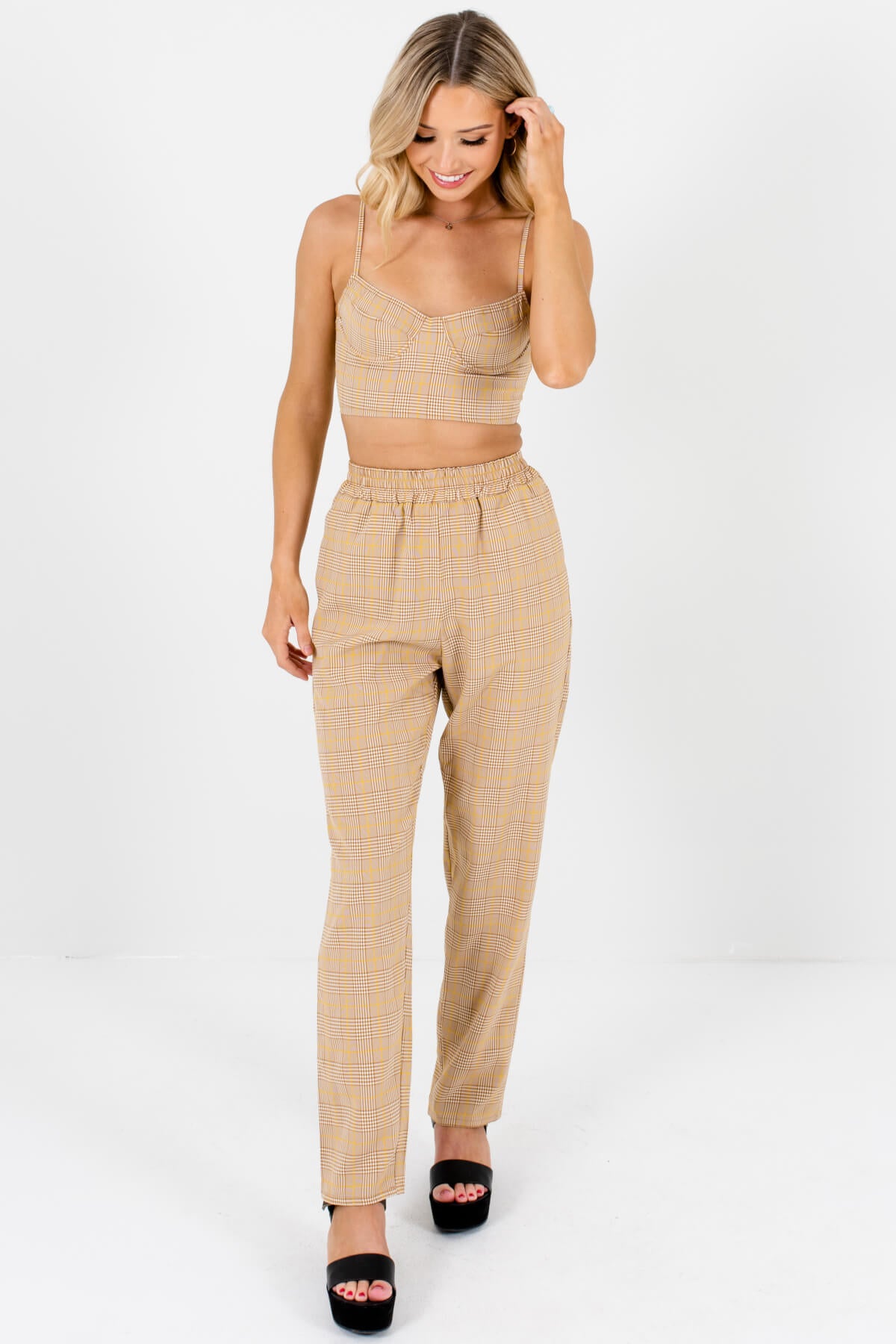 Brown White Yellow Plaid Crop Top and Pants Two-Piece Set