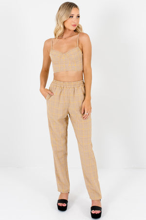 Brown White Yellow Plaid Two-Piece Matching Sets for Women
