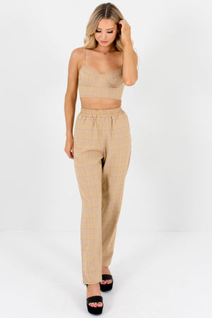 Brown White Yellow Plaid Two-Piece Crop Top and Pants Set
