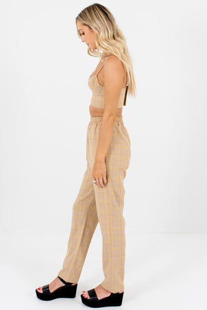 Brown Plaid Two-Piece Sets with Matching Crop Top and Pants