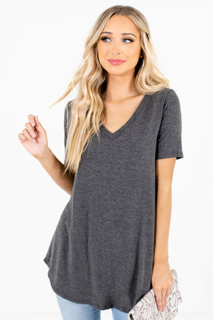 Charcoal Gray V-Neckline Boutique Tops for Women
